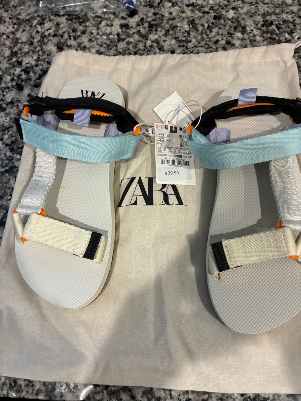 ZARA Light Blue, White & Black Sport Sandals with Orange Accents girl, size 5 nw